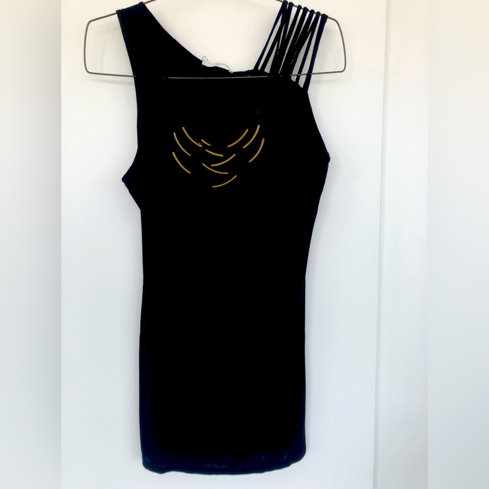 Black mini dress / long shirt with metal jewel necklace, spaghetti strap.